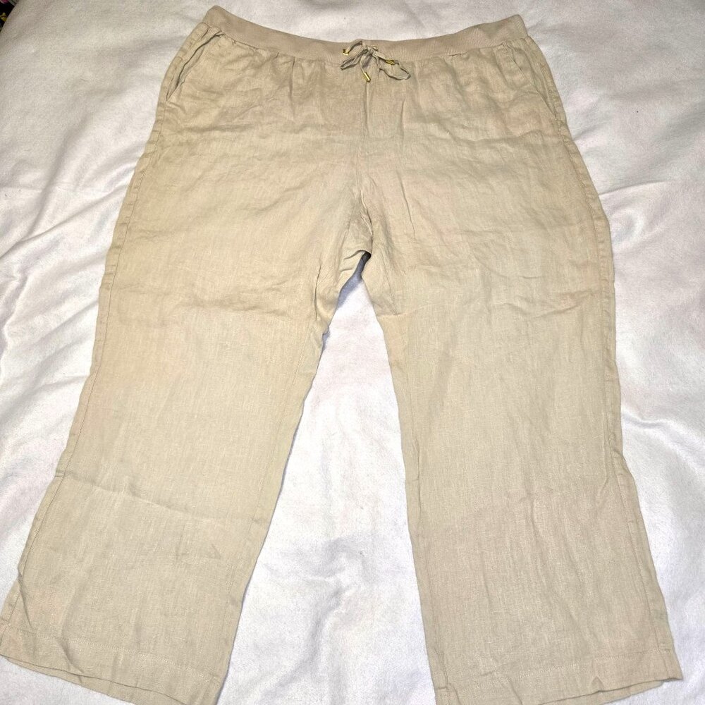 Ellen Tracy Beige 100% Linen‎ Elastic Waist Cropped Pants Drawstring Relaxed Fit